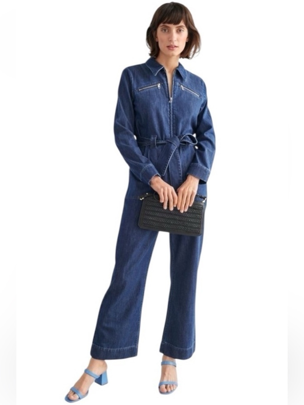 & Other Stories Dark Wash Denim Jumpsuit Belted Zip Front Wide Leg Size 2